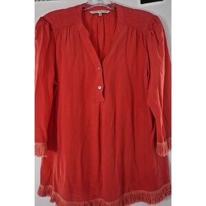 Annie Griffin Women Sz M Pink100% Silk Tunic Blouse Fringe Hem & Cuffs Boho Luxe